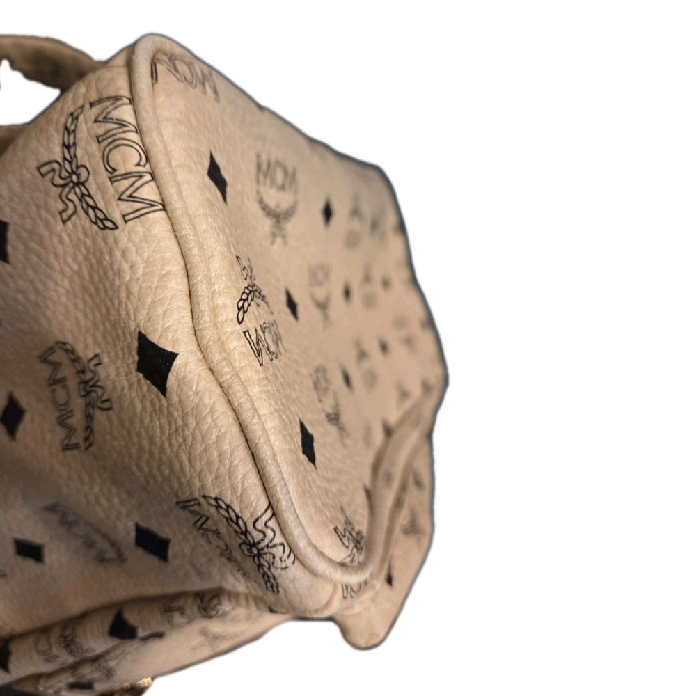 MCM Studded Med Sz(Unisex) Leather Backpack Beige Silver Metal Logo Plate ( EUC) - Picture 5 of 15